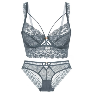 Détail d'un ensemble de lingerie en dentelle transparente avec broderie florale et rubans