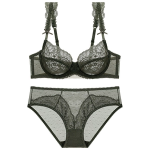 Detail of dark green lace lingerie set with floral embroidery and mesh panties