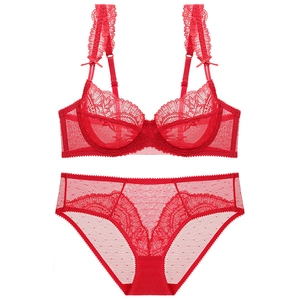 Detail of red lace lingerie set with bow straps and sheer polka dot mesh texture
