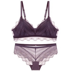 French style dark purple lace bralette and matching panty set with geometric texture
