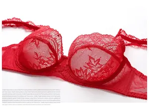 Close-up of red floral lace lingerie set with sheer mesh and underwire support details