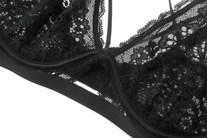 Détail macro d'un soutien-gorge en dentelle florale noire montrant la texture du tissu fin