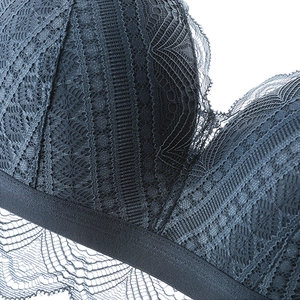 French style wireless triangle lace bra set in dark blue grey with floral pattern