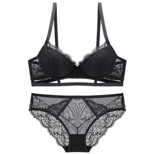 French style black lace lingerie set with push-up underwired bra and matching panty