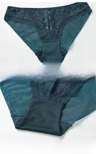 Detail view of floral lace mesh panties with comfortable grey cotton crotch lining