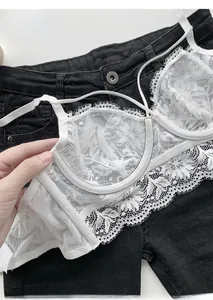 Detail of white eyelash lace bra with U-shaped underwire and semi-transparent mesh