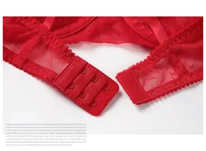 Close-up of the red lace bra featuring a secure three-row hook and eye back closure