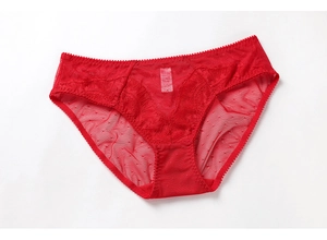 Detailed view of red lace panties with sheer polka dot mesh and ruffled elastic waistband