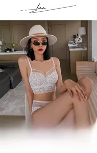 Close-up of intricate floral lace embroidery on white wired push-up lingerie set