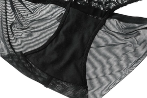 Détail du tissu en maille noire transparente et de la dentelle fine du slip