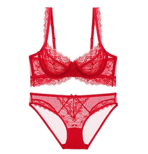 Close-up of red eyelash lace lingerie set with floral embroidery and mesh details