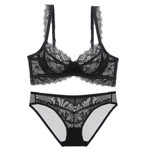 Detailed view of black floral lace lingerie set with unpadded bra and matching panties