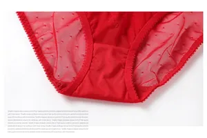 Detail view of red transparent mesh panties with polka dot pattern and lace trim