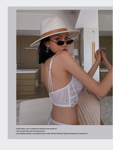 Detailed leaf embroidery on white lace lingerie with elegant multiple back straps