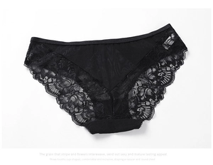 Detail of black lace panties featuring delicate floral patterns and sheer mesh fabric