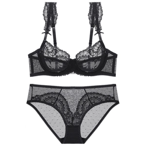 Sexy black lace lingerie set with thin unlined bra and matching sheer dotted mesh panties