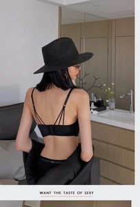 Detail of black ultra-thin lace bra featuring minimalist multi-strap backless design