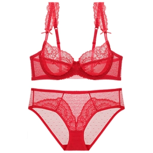 Elegant red lace lingerie set with sheer polka dot mesh bra and matching panty