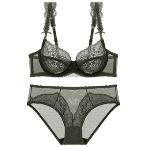 Sexy dark green lace lingerie set with unpadded sheer bra and matching panties