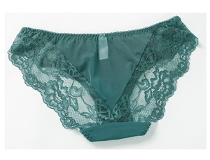 Détail de culotte en dentelle bleu sarcelle avec motifs floraux et tissu satiné