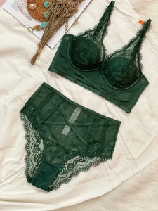 Dunkelgrünes Spitzen-Dessous-Set mit tiefem V-Ausschnitt und High-Waist-Slip auf Stoff