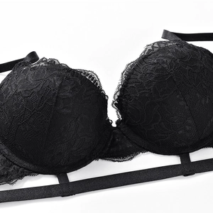 Elegant black lace bra set with floral embroidery and adjustable front strappy design