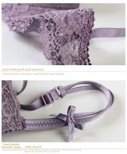 Dettaglio del reggiseno in pizzo lilla con ricamo traspirante e doppie spalline chic