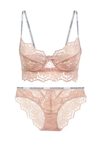 Detailed view of pink floral lace lingerie set with letter-printed straps and ribbons