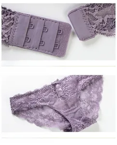 Dettaglio completo di intimo in pizzo con chiusura posteriore e slip trasparente lilla