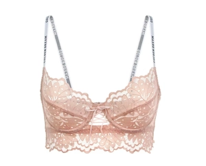 Detailed view of pink floral lace bralette with lettered straps and lace-up front detail