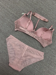 Detail of grey-pink lace lingerie set with plunge bra and sheer mesh panties