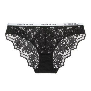 Detail showing sheer floral lace panties with a white elastic waistband featuring black letters