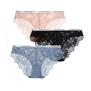 Three-piece lace panty set in pink black and blue with Golden Dream elastic waistbands