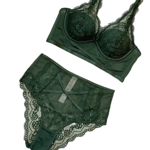 Dunkelgrünes Spitzen-Lingerie-Set mit tiefem V-Bügel-BH und High-Waist-Netzhöschen