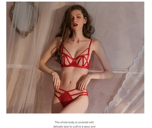 Vue détaillée de l'ensemble lingerie en dentelle rouge avec soutien-gorge à brides