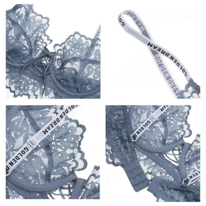 Lace bra set in blue-grey with letter straps and floral lace details in four-grid view