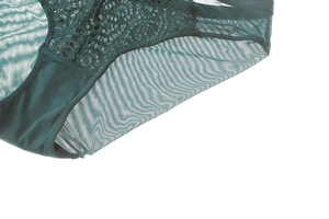 Détail de la dentelle vert foncé et du tissu en maille respirant de la lingerie