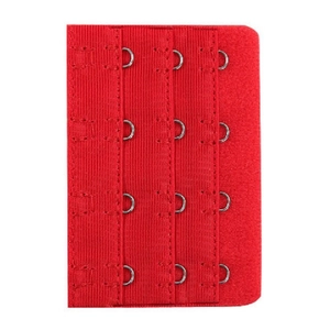 Red 3-hook 4-row bra extender with durable fabric and sturdy metal hooks in detail
