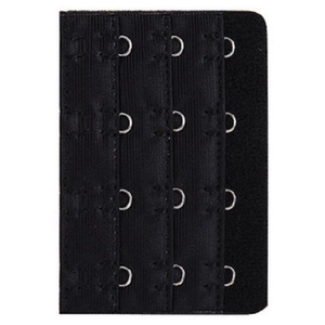 Black 4-hook 3-row bra extender with elastic fabric and metal hooks for adjustable fit