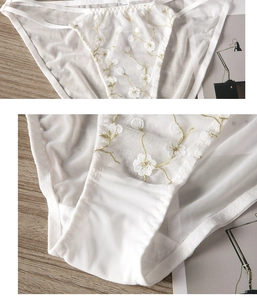 Détails de broderie sur maille blanche d'une culotte luxueuse en dentelle de style français