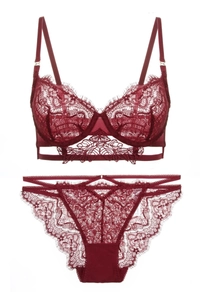 Dettaglio del set lingerie in pizzo bordeaux con bordi a ciglia e ricami floreali fini