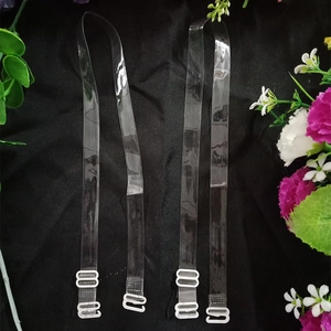 Transparent high-elasticity TPU bra straps with white plastic hooks on black fabric