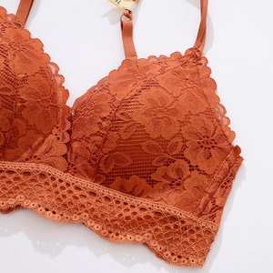 Brick red lace bra with floral patterns, scallop edges and honeycomb lace underwire
