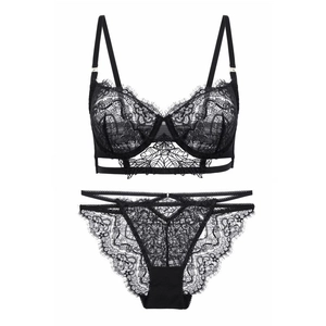 Completo intimo in pizzo cigliato nero stile francese con ricamo floreale e ferretto