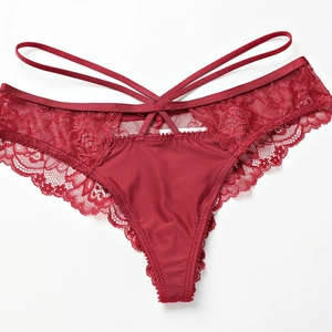 Sexy dark red low-rise lace thong with strappy cross-waist design for women