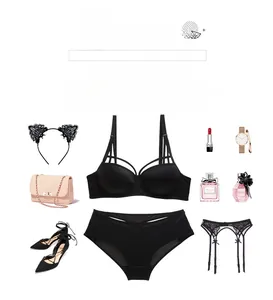 Flat lay of seamless black bra set with cross-strap design and matching briefs
