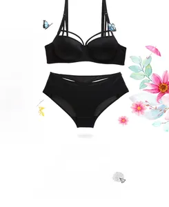Detailed view of black seamless push-up bra with multi-strap neckline and matching briefs