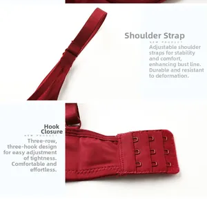 Detailed view of wine red push up bra with adjustable straps and 3-row hook-and-eye closure