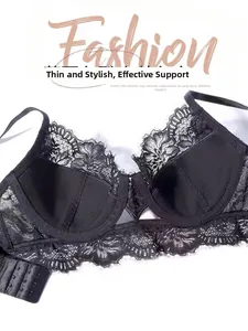 Detail of 0.2cm ultra-thin black lace bra showing push-up support and floral pattern