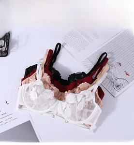 Detailed view of lace floral embroidery on non-padded bras in four different colors